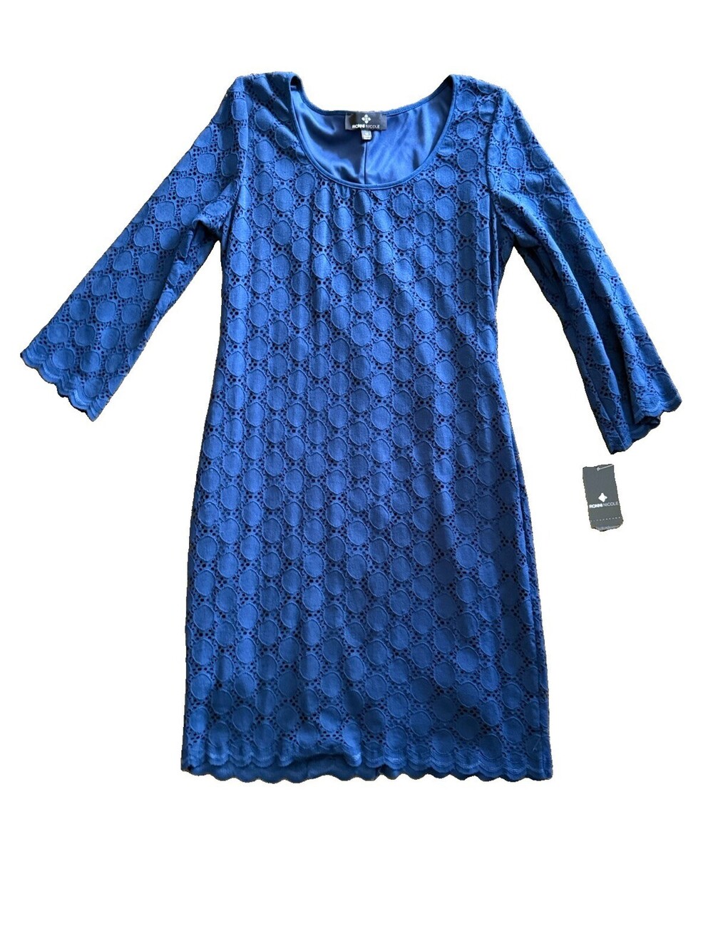 Ronni Nicole Womens 12 Navy Lace Shift Dress Bell Sleeve Scallop Hem NWT